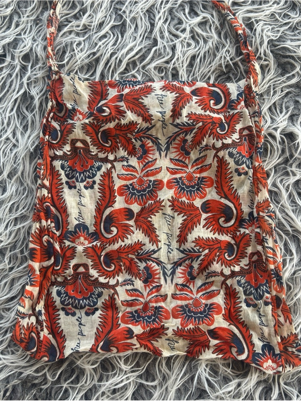 Free People Large Semi Sheer Linen Tote * Orange Cloth Bag Floral Print Boho.